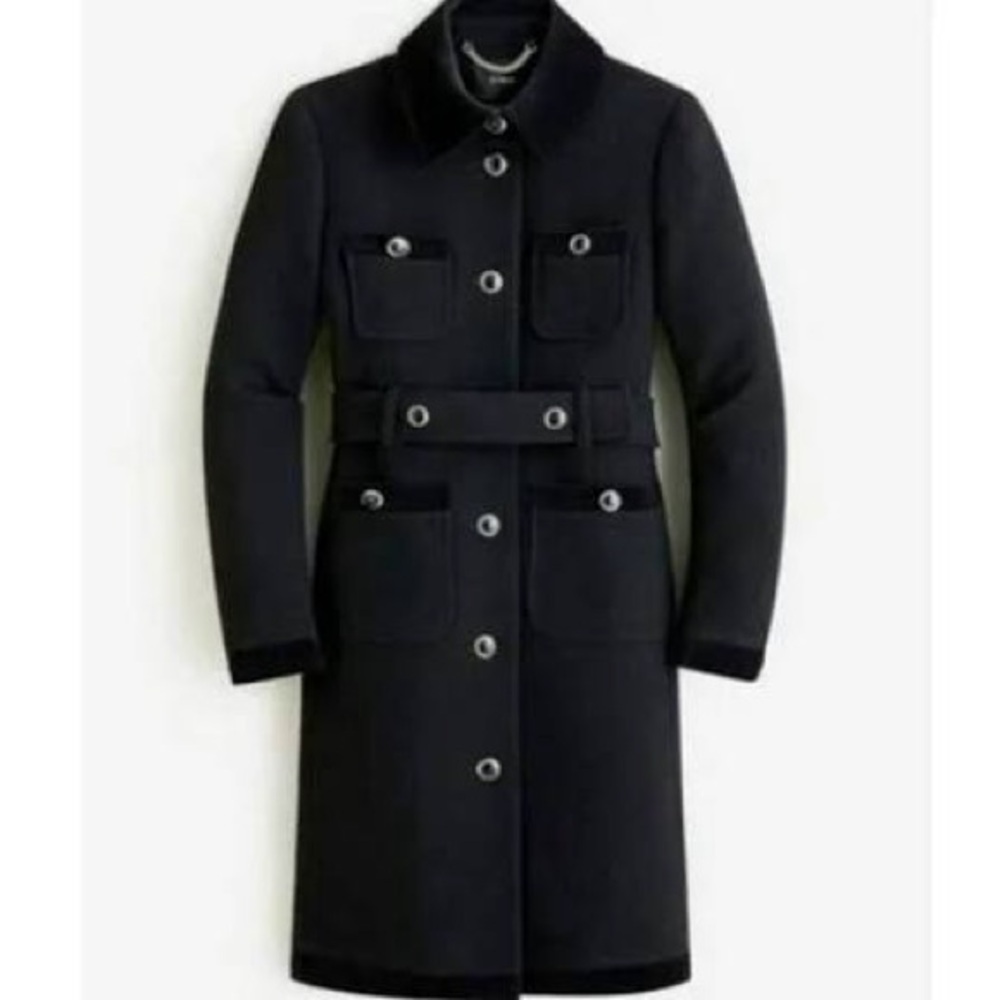 J. Crew Black Velvet Trimmed Lady Day Coat in Italian Wool. Black  NWT